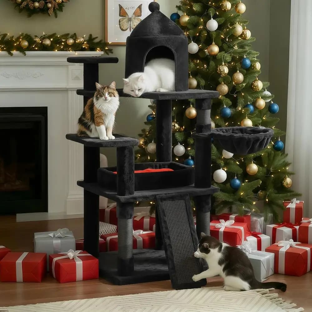 BEWISHOME Albero per Gatti Resistente, 130 cm, Stile Gotico con Letto a Forma di Moneta, Torre per Gatti Nera da Interno con Tiragraffi, Area Gioco per Animali Domestici