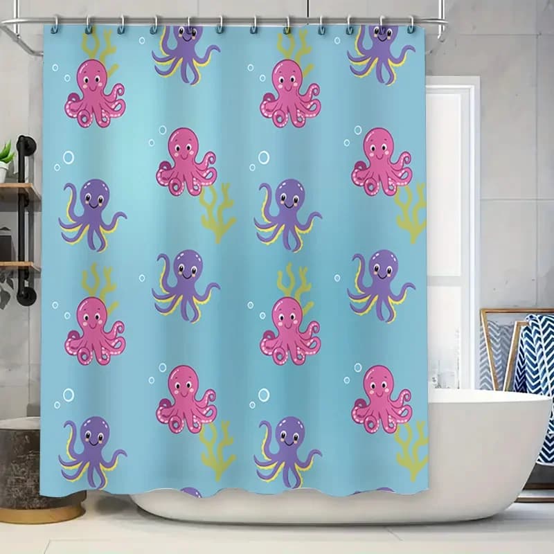 Tenda da doccia per bagno con polpo, cartone animato per bambini, blu, decorazione per il bagno, impermeabile, lavabile, decorazione per la casa