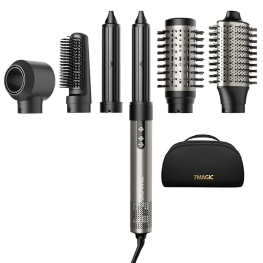 Spazzola Asciugacapelli Multifunzione 6 in 1 per Asciugatura, Arricciatura, Volumizzazione, Lisciatura e Styling Professionale; in Alluminio Argento