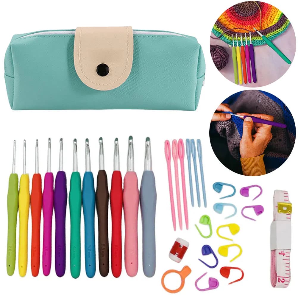 11PCS Kit di ferri da maglia con manico in gomma colorata con clip da cucito Aghi in plastica Forbici in acciaio inossidabile Set di uncinetti