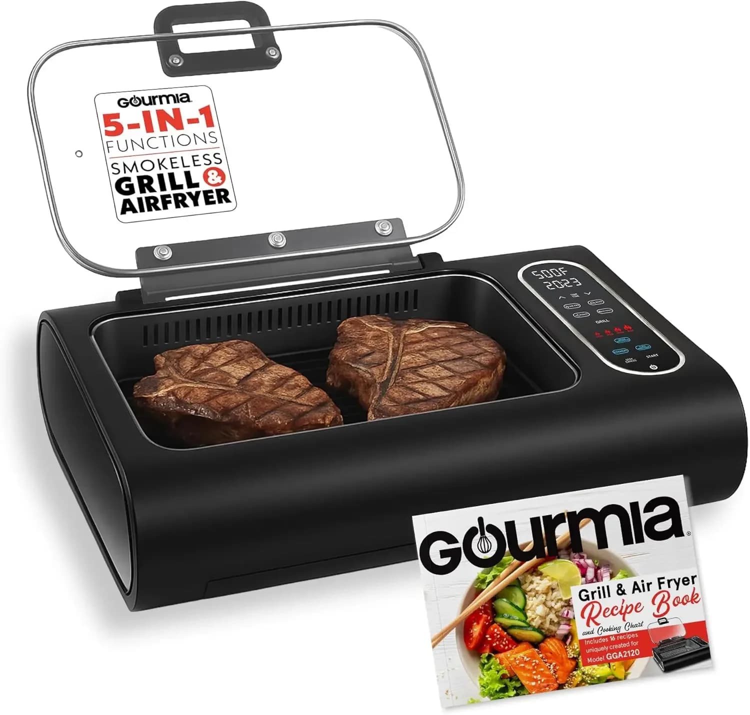 Grill da Tavolo per Interni con Friggitrice ad Aria e Aspiratore di Fumo, Cinque Programmi di Cottura: Grigliare, Friggere ad Aria, Arrostire, Cuocere al Forno, Disidratare, Coperchio in Vetro
