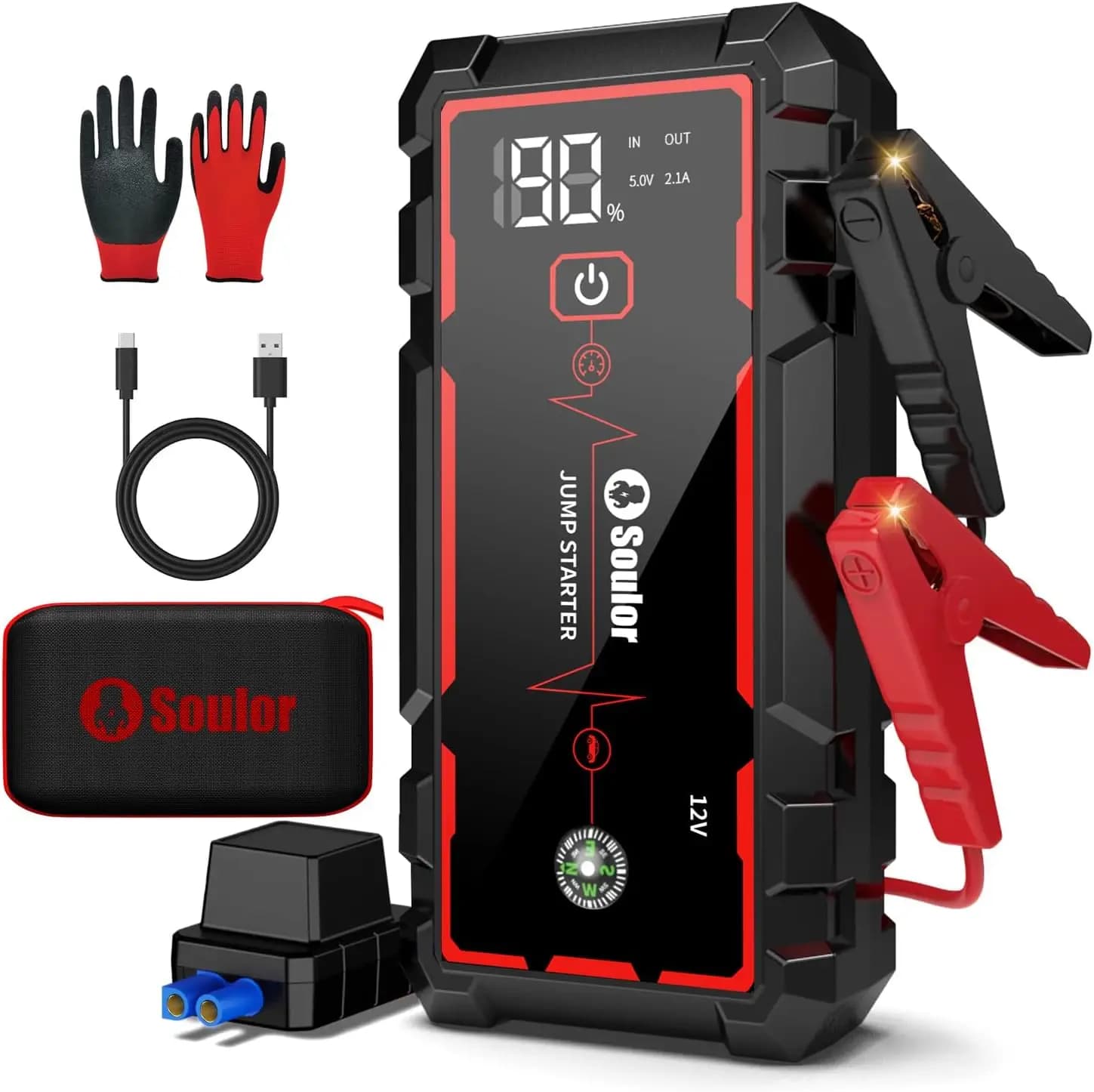 Avviatore di Emergenza Portatile 5000A con Torcia e Cavi di Avviamento - Booster Batteria Affidabile per Emergenze