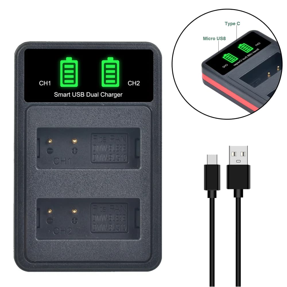 Pickle Power DMW-BLG10 DMW-BLE9 LED doppio caricatore con cavo USB e porta di tipo C per Panasonic LUMIX GF5 GF6 GX7 LX100 GX80 GX85