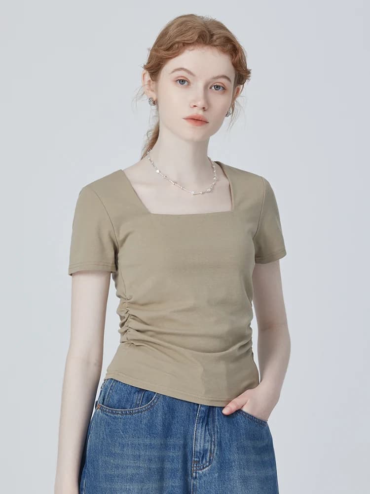 Slim Fit Short Sleeve T-Shirt Women's Summer New Design Square Collar Folded Waist Shaping Slimming Short Shoulder Top