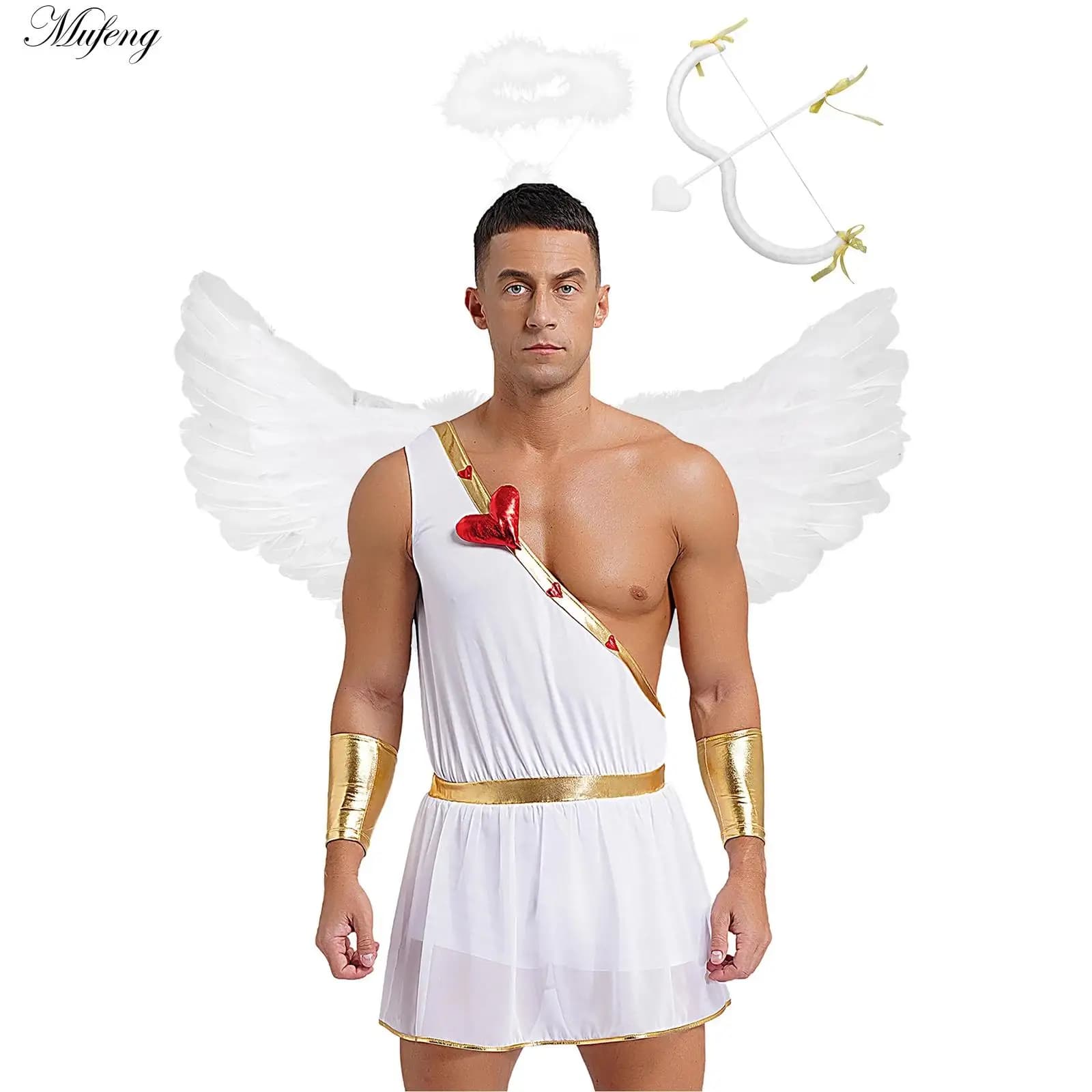 Uomo Halloween Cupido Dio d'amore Desiderio Costume Cosplay Freccia Body con polsino Ala d'angelo per festa a tema Abito di San Valentino