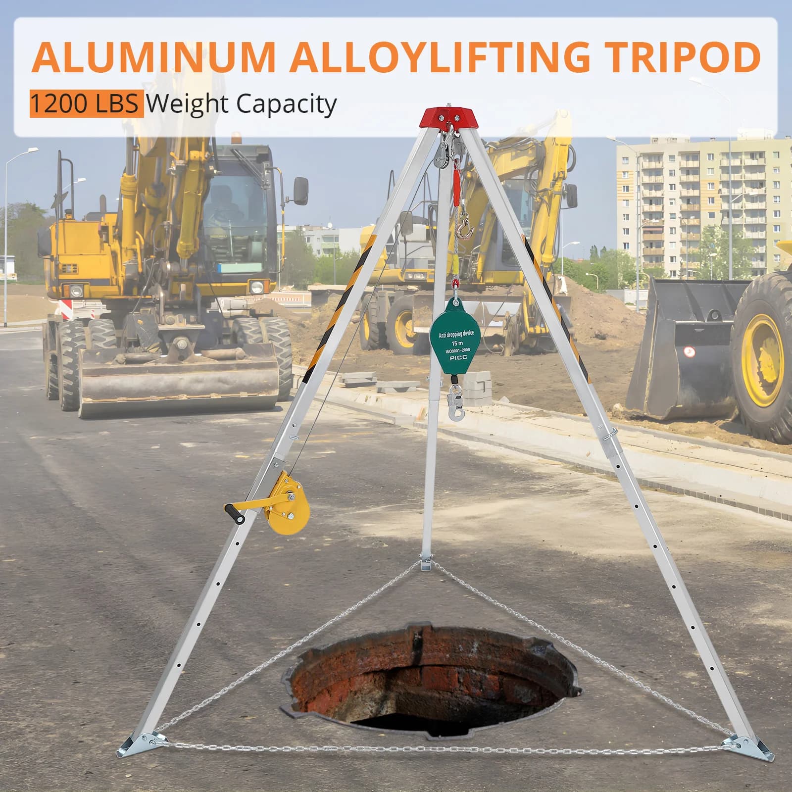 Tripod kit for space confined with lifting winch from 1200 pounds and bumpers, sewer rescue tripod with self-locking safety device