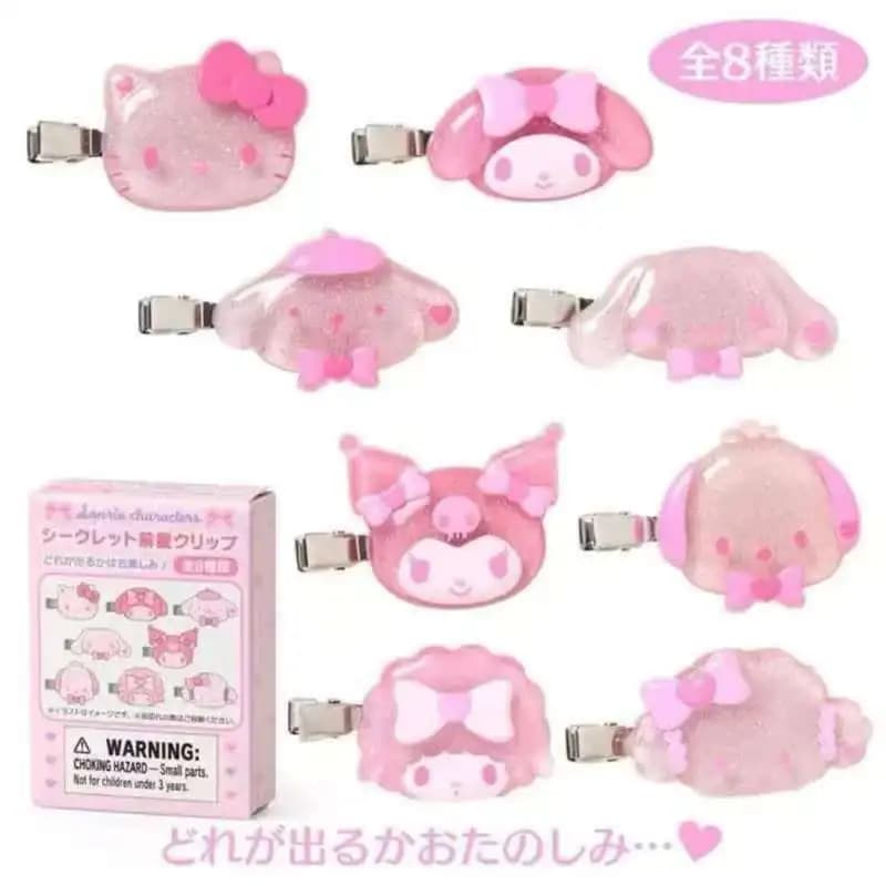 Fermagli per capelli con glitter rosa dei personaggi Sanrio, scatola a sorpresa, Hello Kitty, My Melody, Kuromi, Cinnamoroll, fermagli per capelli per ragazze