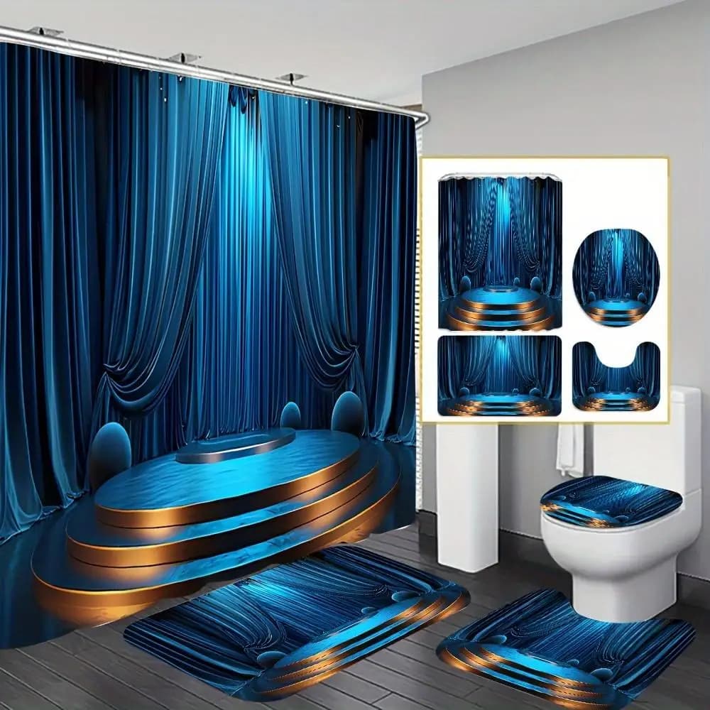 Set di 1/4 Pezzi per Doccia Blu, Set Decorativo per Bagno con Tenda Doccia Impermeabile, Tappetino Antiscivolo, Copriwater