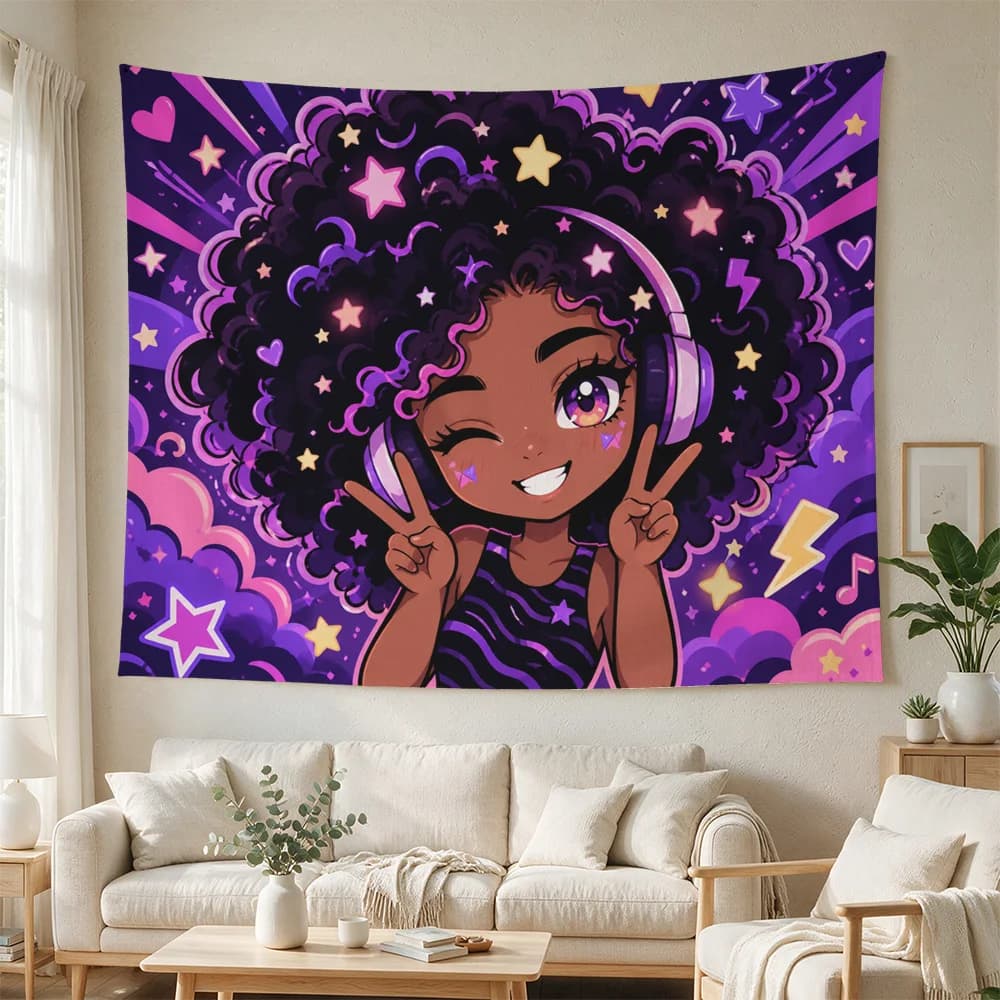 Vibrant Pop Art Music Lover Girl Aesthetic Dreamy Disco Rave Neon Pop Culture Wall Tapestry Decoration