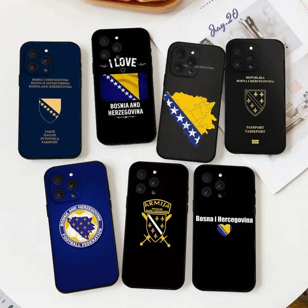Cover Morbida Nera per iPhone 17 16 15 14 13 12 11 X XR XS Plus Pro Max Mini con Design Passaporto Bosnia ed Erzegovina
