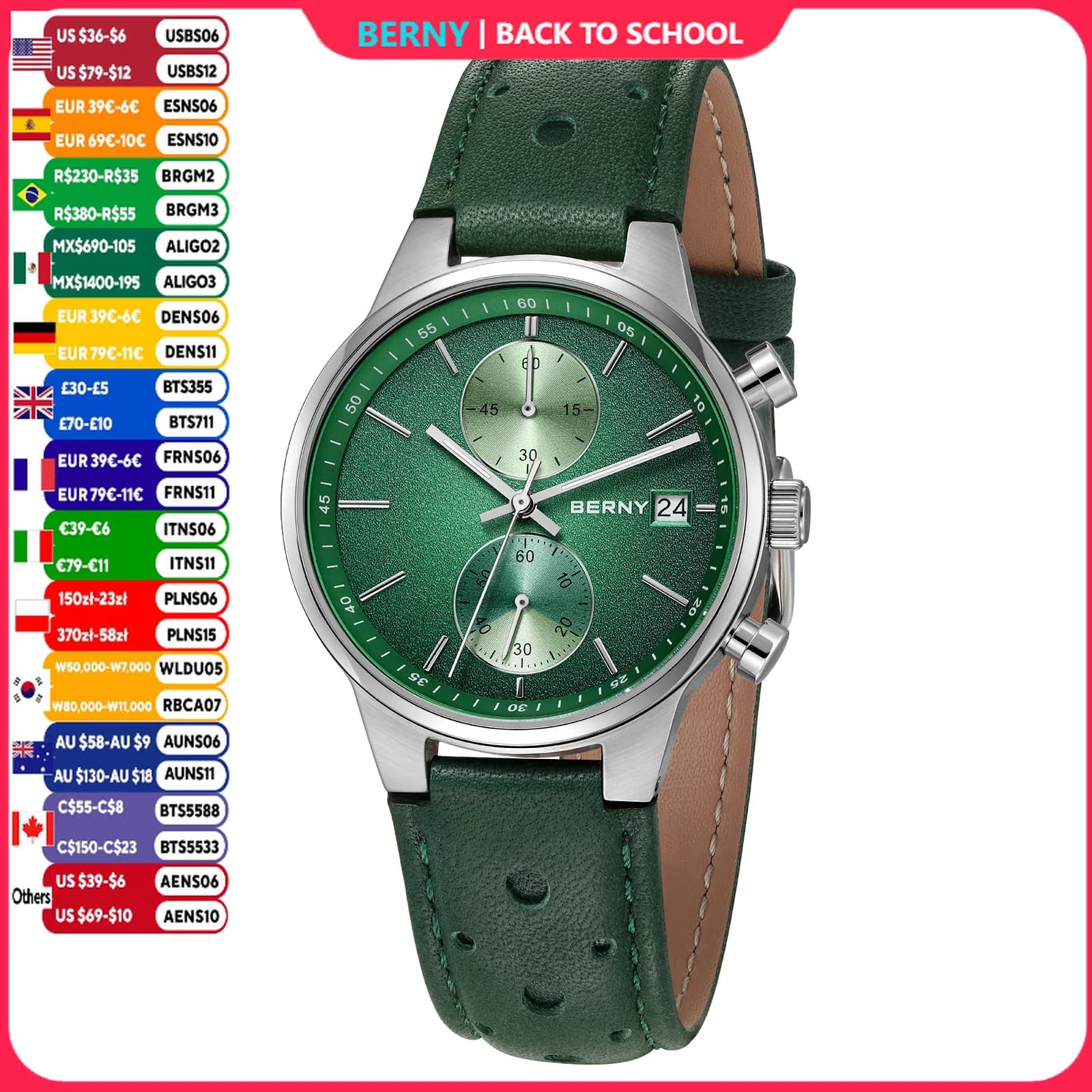 BERNY Watches for Men Multi-function Chronograph Luminous Date Quartz Men's Watch Colorful Leather Strap Sports Wristwatch