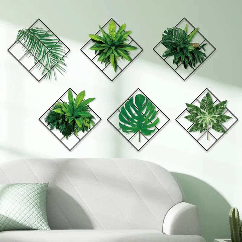 6 pieces of artificial tropical vegetation 3D | Cesti Hangers and Plants in Self-adhesive Vase with Grid | Wall decals and home decorations