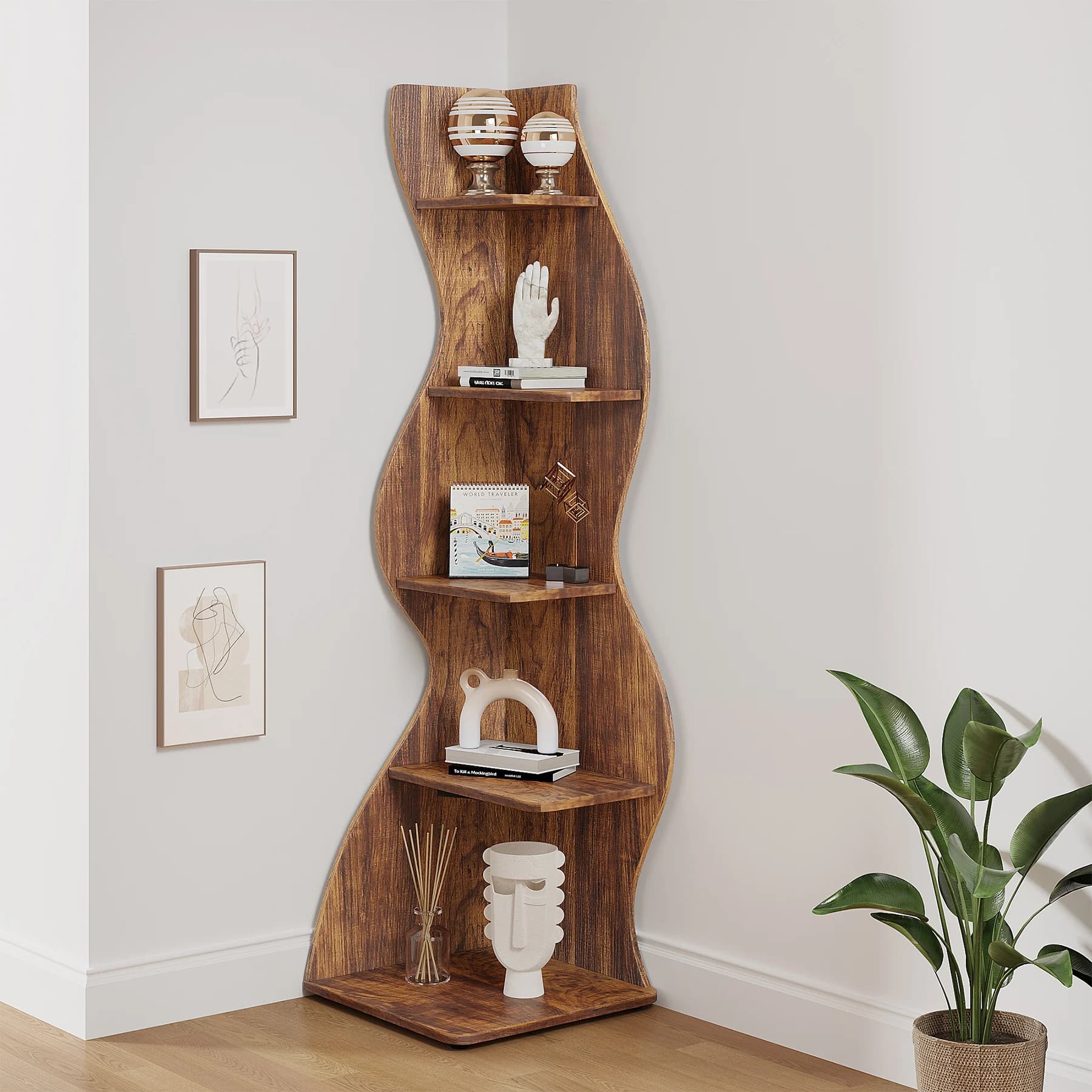 Tribesigns corner shelf, rustic wall-mounted corner bookcase at 5 levels, elegant small corner bookcase support for plants with unique