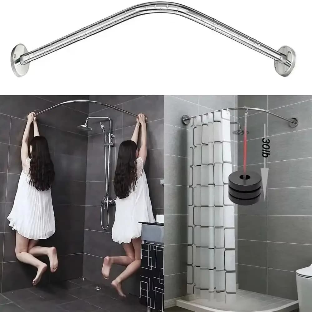 L Shaped Shower Curtain Rail No Drilling Stainless Steel Corner Shower Rail Adjustable Structure Anti-Slip Rubber Pads
