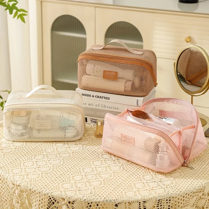 New Net Yarn Mesh Translucent Make Up Bag Large Capacity Pillow Travel Essential Toiletry Pouch Multi-Functional Cosmetic Bag