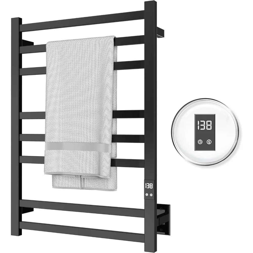 Scaldasalviette nero opaco da 8 barre con calore rapido, spegnimento automatico e opzioni cablate o plug-in: perfetto per riscaldare le asciugamani