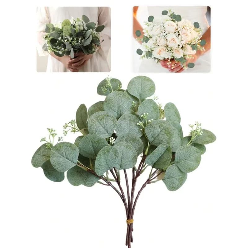 Artificial Eucalyptus Stems with White Semi, Realistic Bouquet Sheets by Bride, Centerpiece, Home Decorations and Flowers by Exterior