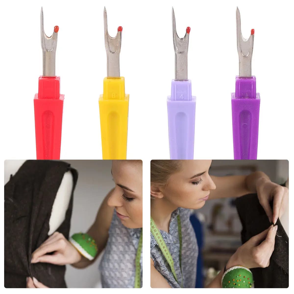 4Pcs Seam Ripper Stitch Unpicker Set High Hardness Metal Blade Plastic Handle Fabric Safe Thread Cutter Kit for Sewing