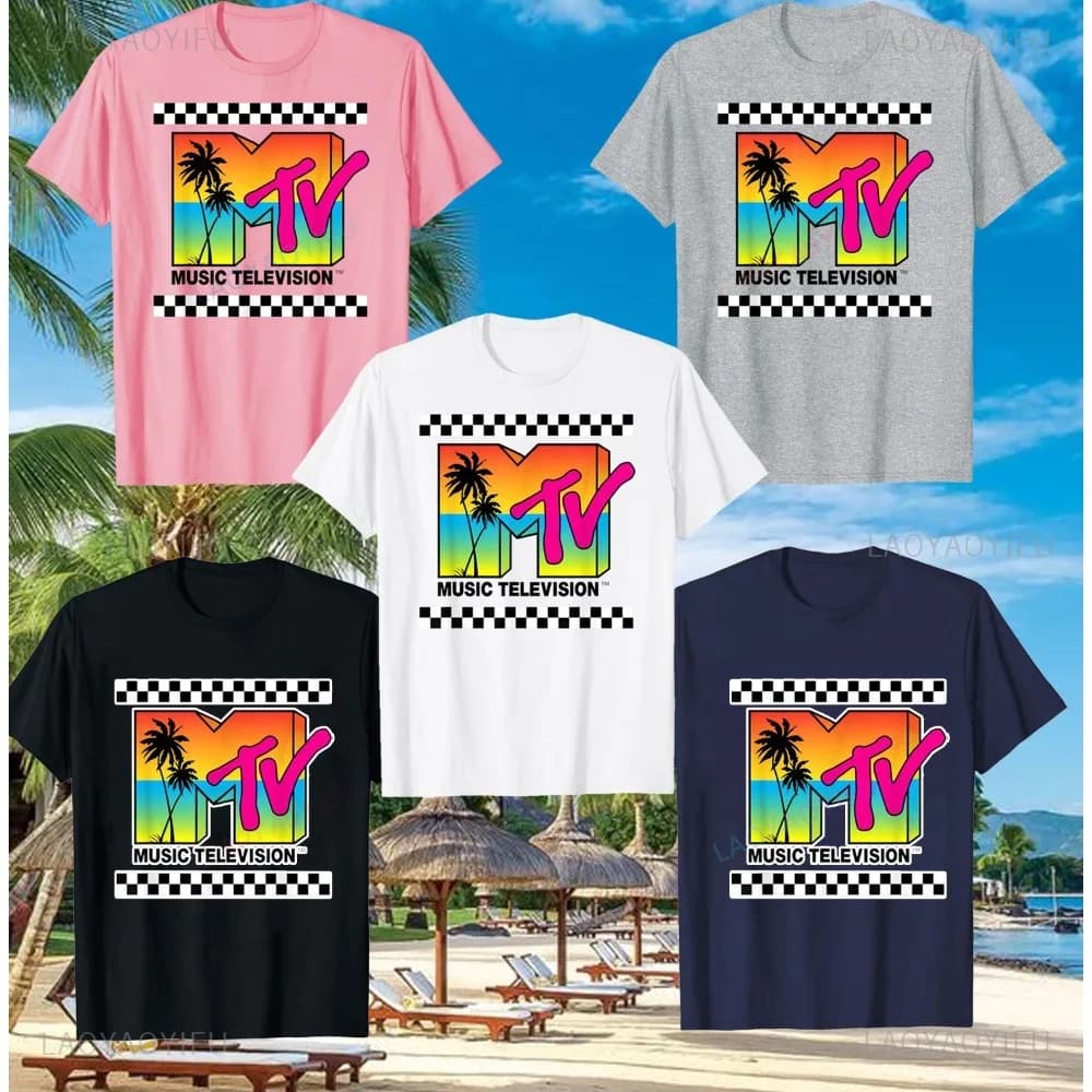 MTV Beach Island Logo Retro Graphic Cotton T-shirt M-T-V Sunset Palm Tree Print Top Unisex Graphic T Shirts Women Clothing