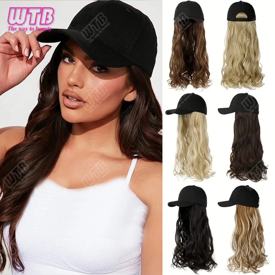 Cappello per parrucca sintetica Berretto riccio lungo integrato a onda grande per berretto da baseball da donna parrucca sintetica berretto da baseball capelli resistenti al calore