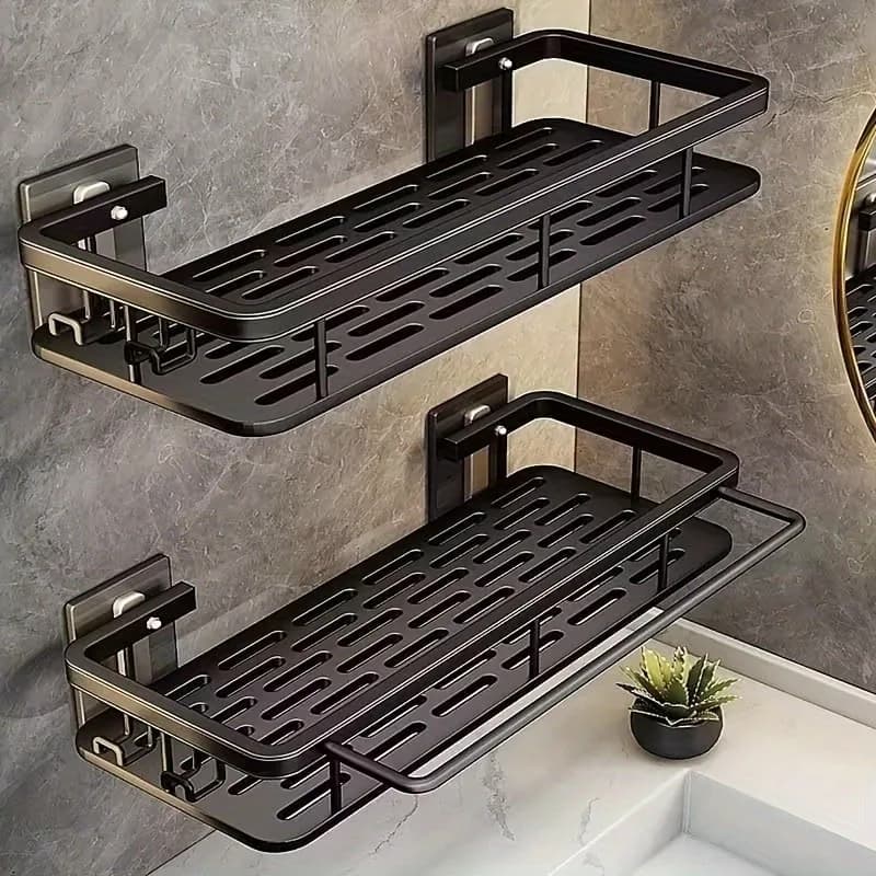 No Drill Heavy Duty Black Plastic Wall Mounted Storage Shelf Small Capacity With 2 Hooks For Bathroom Corner Shampoo Anti-rust Space-saving Organizer Rack