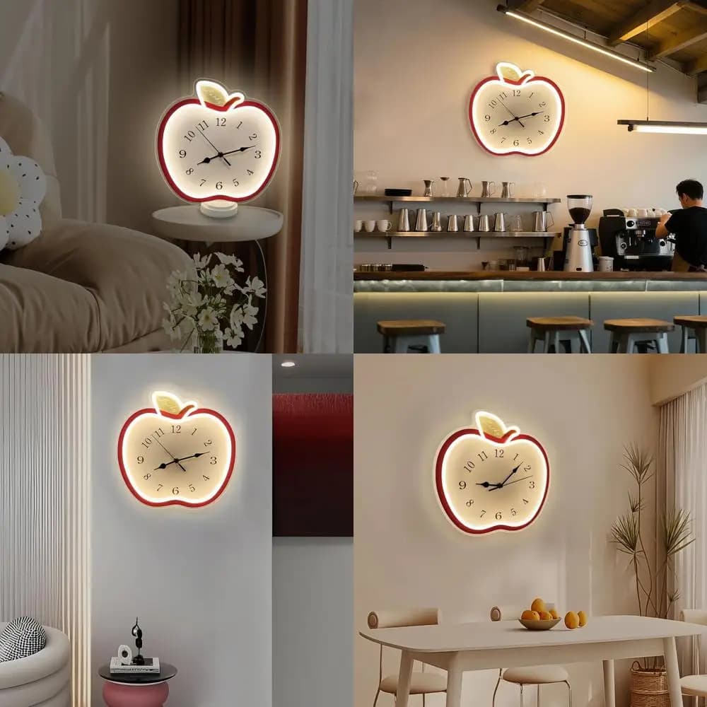 Apple Shaped Wall Clock with 12 Functions, LED and Night Light, Silent for Children's Rooms