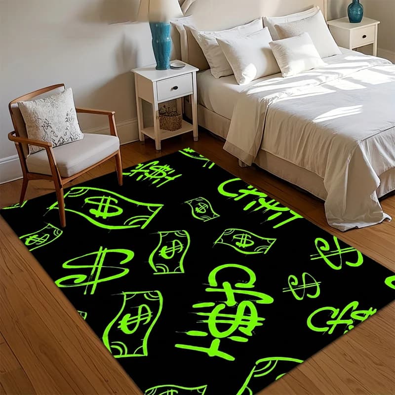 Tappeto con Graffiti a Forma di Simbolo del Dollaro, Design Neon Verde Street Art, Stile Urbano Distintivo e Semplice per Soggiorno e Camera da Letto