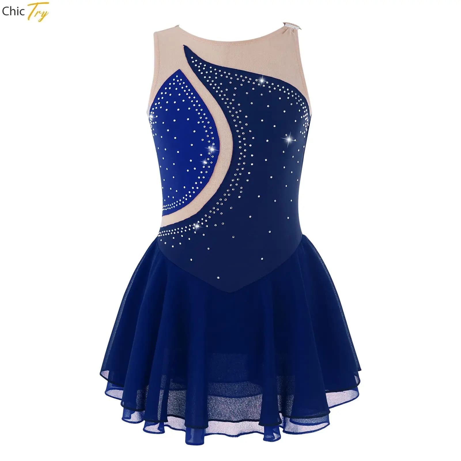Abito da pattinaggio di figura con strass per bambina, senza maniche, body da ginnastica ritmica, competizione professionale, costume da ballo per balletto