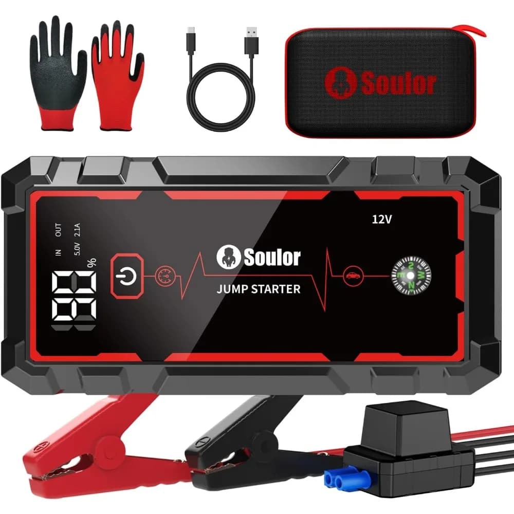 Avviatore di Emergenza Portatile con Power Bank, Torcia, Bussola e Cavi di Avviamento
