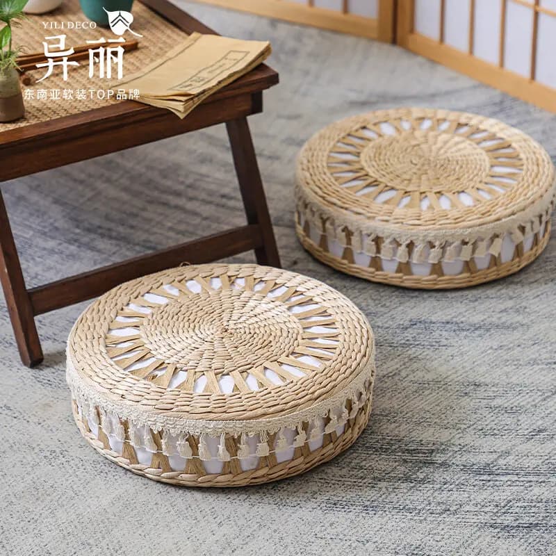 Woven Rush Floor Cushion Tatami Style Seat Mat Round Bay Window Pad Meditation Tea Table Cushion Home Decor