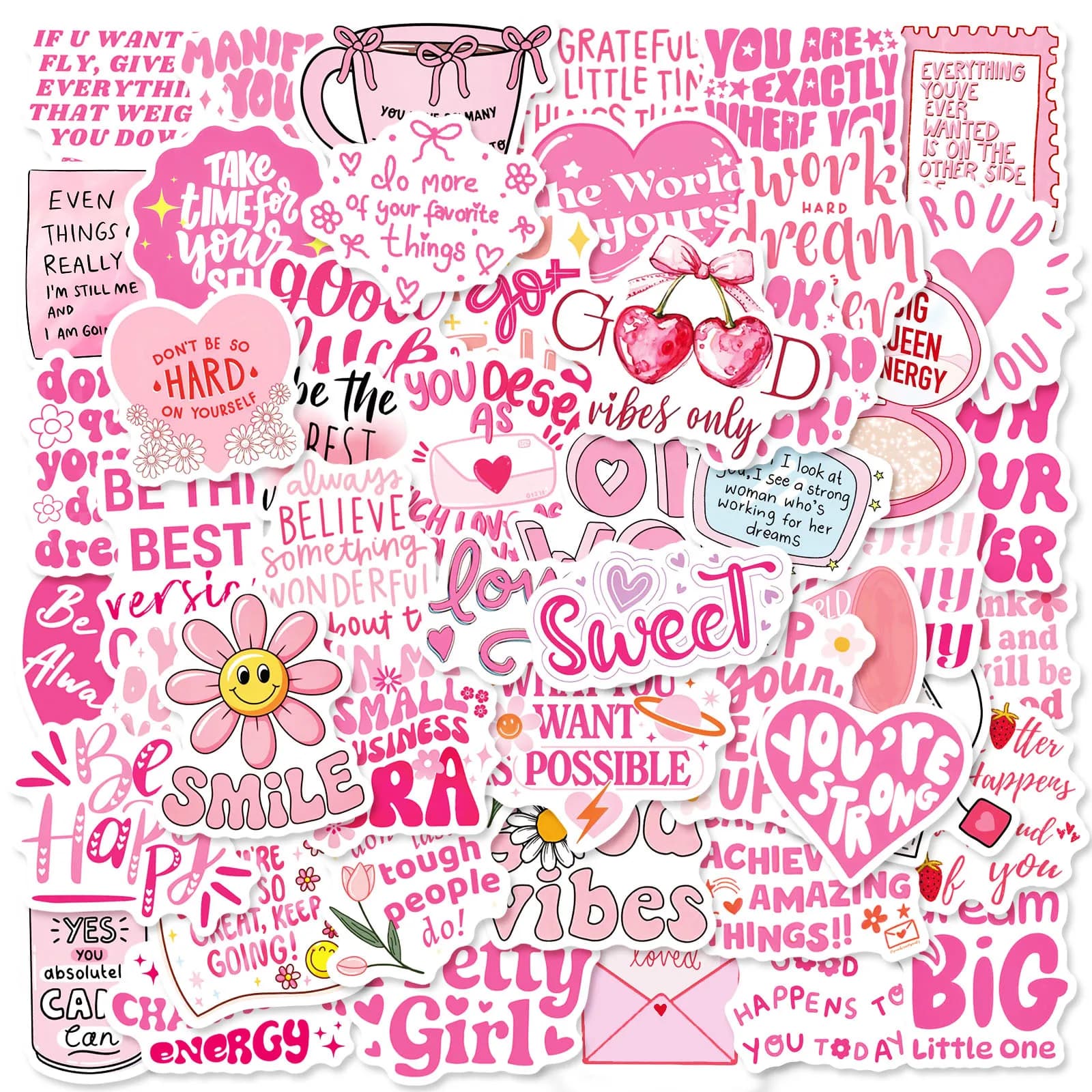 50 Pezzi Adesivi Rosa con Citazioni Motivazionali, Sticker Cartoon con Frasi di Ispirazione per Graffiti, Quaderni, Laptop, Telefoni, Fai-da-Te