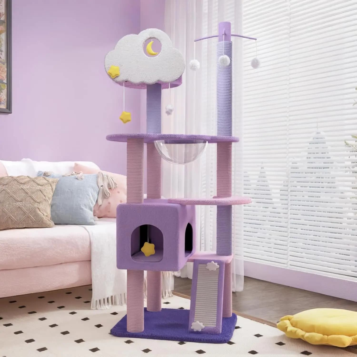 52.8" Moonlight Cat Tree with Celestial Pendants, Purple Plush Multi-Level Tower with Hammock & Perches, Customized