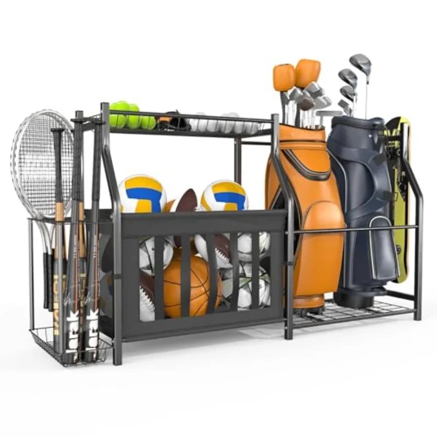 Organizzatore per Attrezzature Sportive da Garage, Supporto per Palloni, Stand per Sacche da Golf da Interno, Design Robusto in Metallo Grigio per Uso Intensivo
