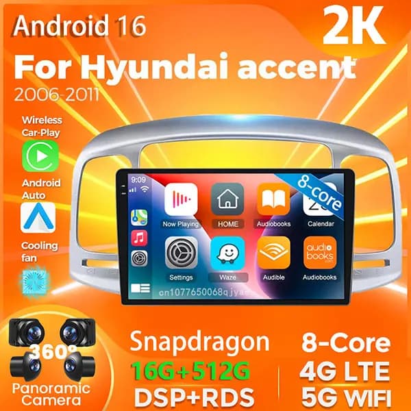 Autoradio Android 16 Qualcomm Carplay per Hyundai Accent 2006-2011, lettore multimediale stereo con telecamera a 360°, navigazione e video.