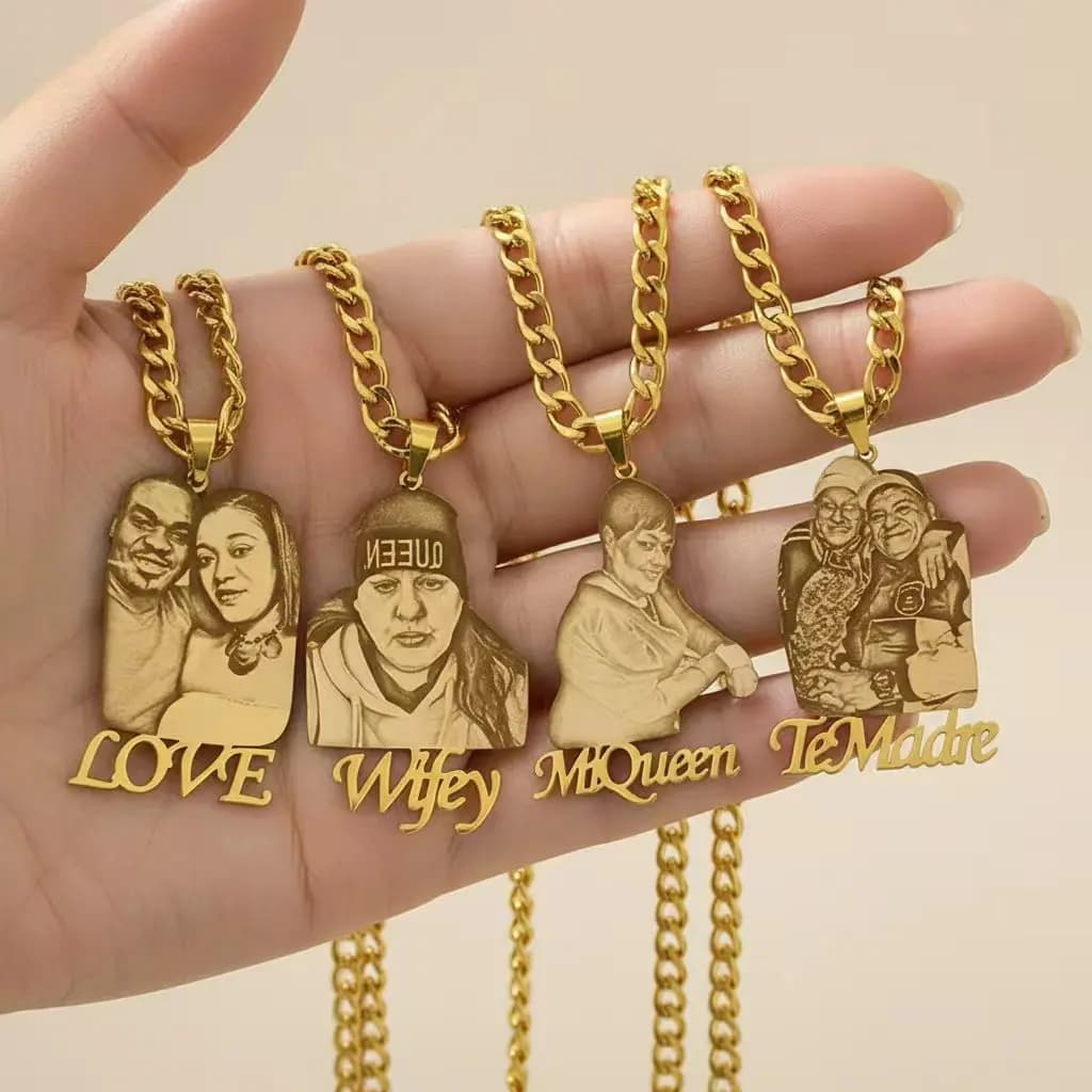 Necklace with name with customized photo laser engraved, 304 stainless steel custom pendant plated 18K gold, gift for her, Cuban chain