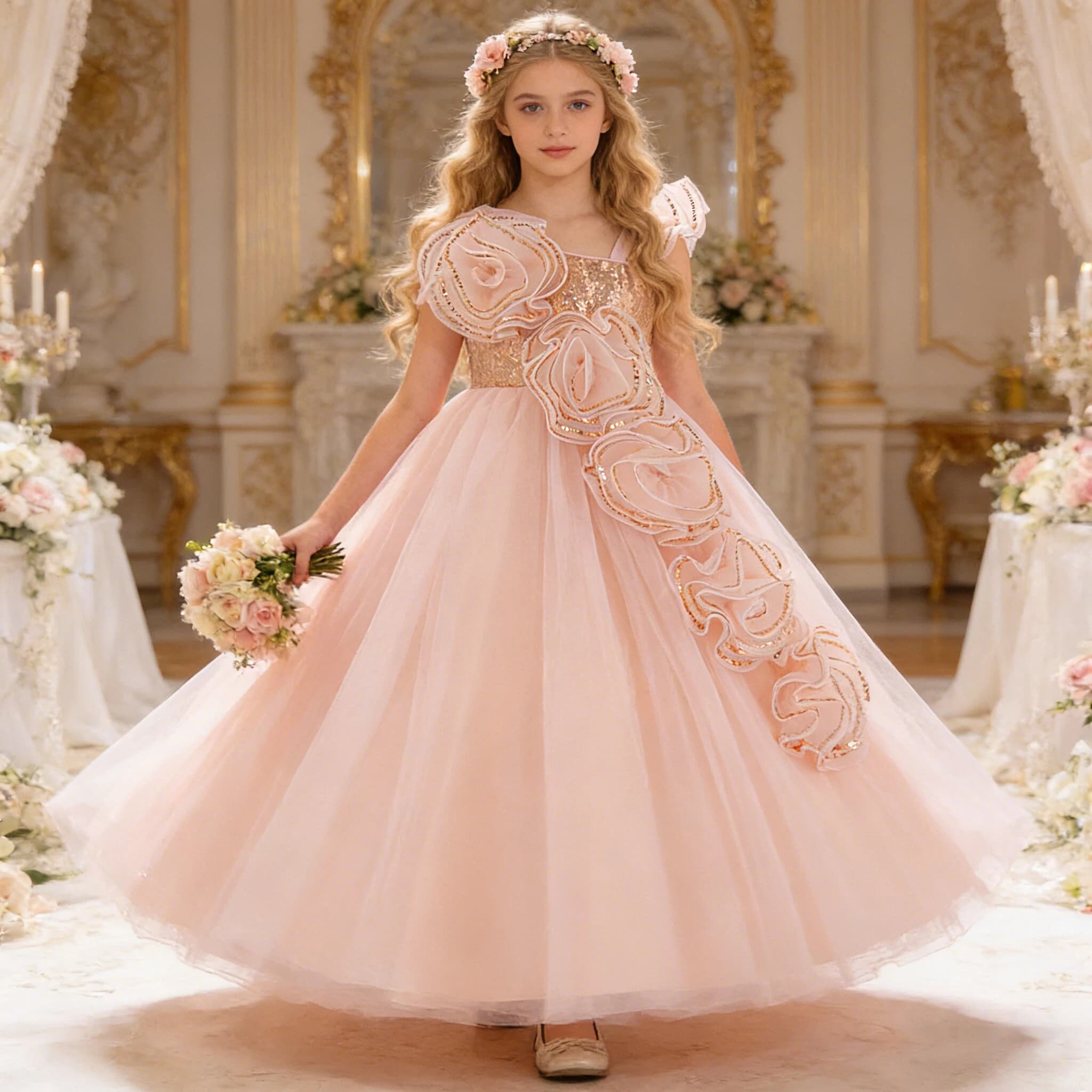 Elegant Sequin Flower Bridesmaids Girls Dress Bow Wedding Party Princess Prom Dresses for Girl Birthday First Communion Costumes