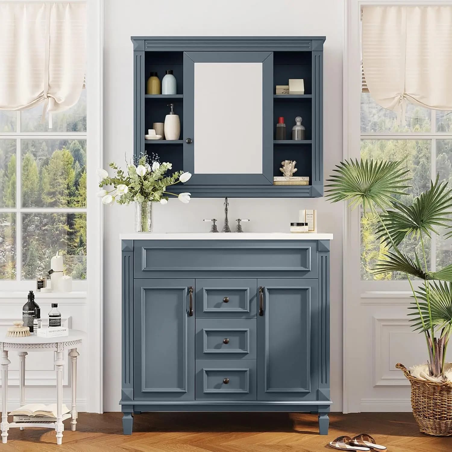 Mobile Bagno Moderno da 36 Pollici con Lavabo Integrato, Specchio, Ante con Chiusura Ammortizzata e Cassetti Contenitore, Personalizzabile