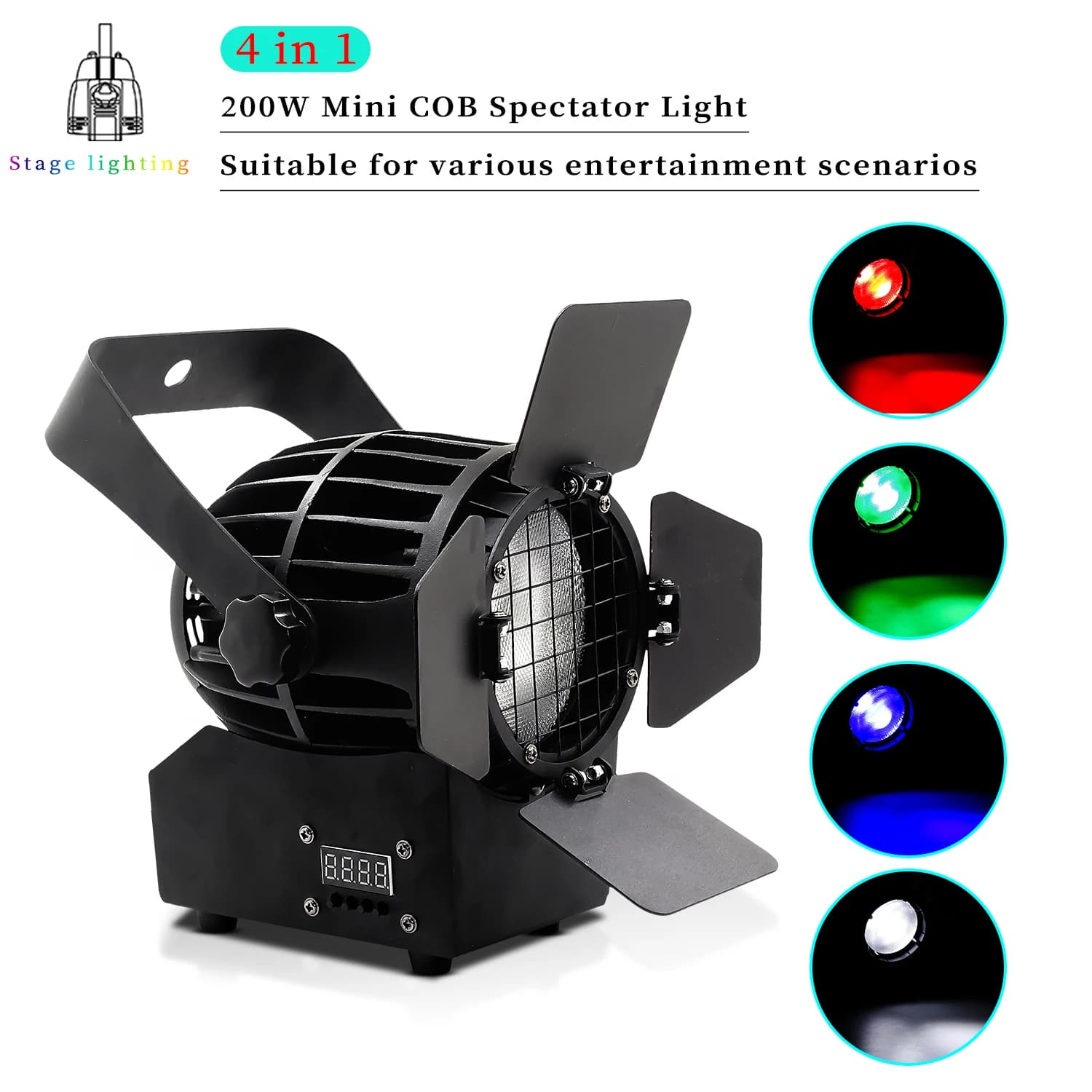 Mini 200W COB RGBW 4 in 1 Proiettore di luce da discoteca DJ controllato da DMX per illuminazione scenica del mercato della chiesa