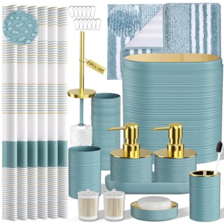 Set da Bagno - Set da Bagno con Tenda Doccia e Tappeti, Set di Accessori da Bagno da 25 Pezzi, Set di Accessori da Bagno Azzurro Chiaro