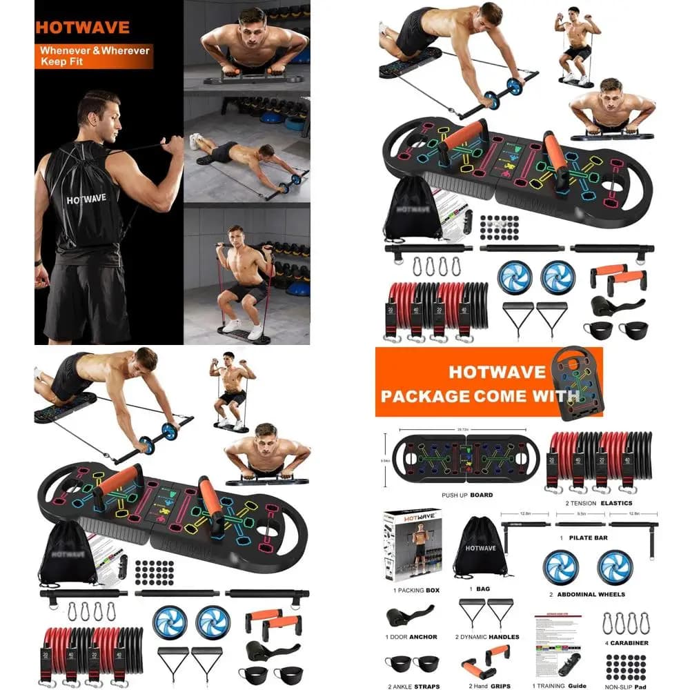 Portable Exercise Equipment with 16 Gym Accessories, Push-Up Table 20 in 1, Resistance Bands with Wheel for Abdomins, for Home