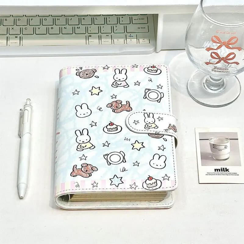 Miffy Kawaii Doodle Print A6 Pu Leather Loose Leaf Notebook Magnetic Snap Portable Detachable Lined Grid Blank Diary Planner