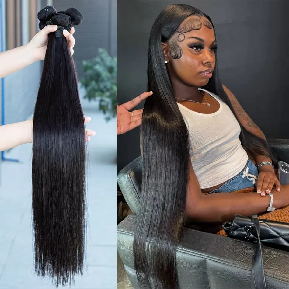 Extensioni di Capelli Umani Brasiliani Lisci 10-36 Pollici, Colore Naturale, Remy Hair, Fasci di Capelli Grezzi