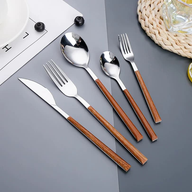 5 pieces stainless steel imitation wooden handle cutlery set western dishes knife fork spoon set kitchen cutlery dishes