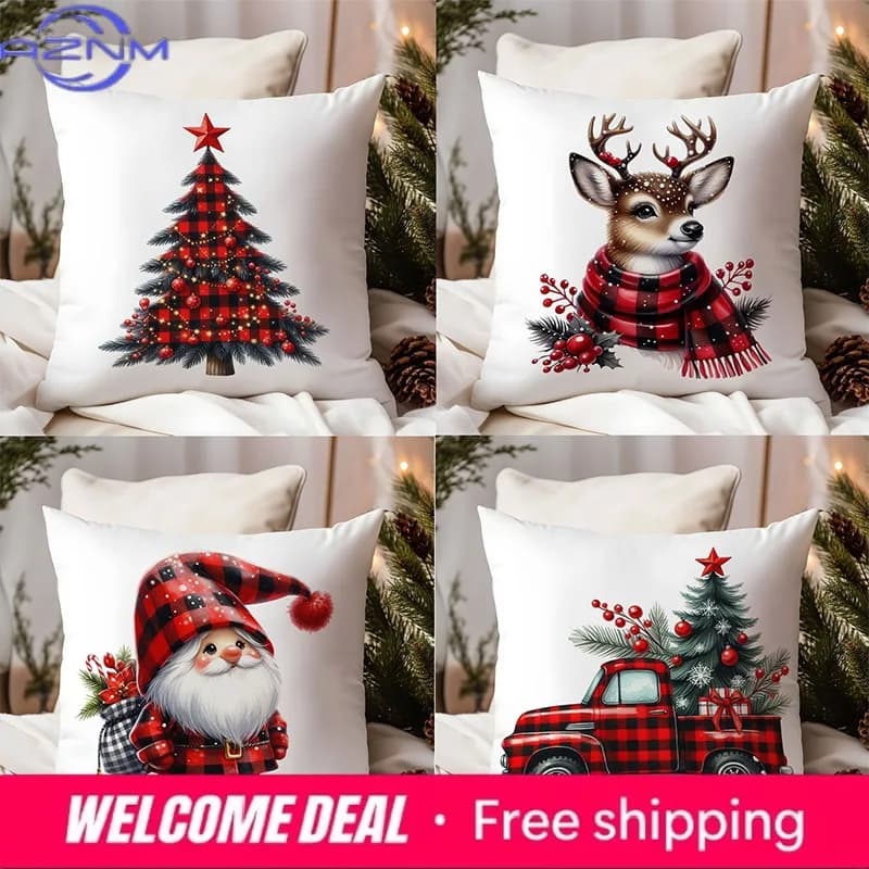 Cuscini natalizi con albero, cervo, camion di Babbo Natale, fodera per cuscino quadrata in poliestere, moderna fodera decorativa per cuscino da divano