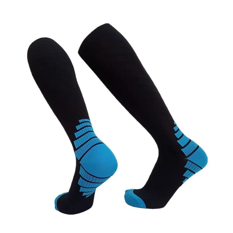 1 paio di calzini alti fino al ginocchio da uomo neri con fondo blu, calzini sportivi professionali a compressione per calcio e basket