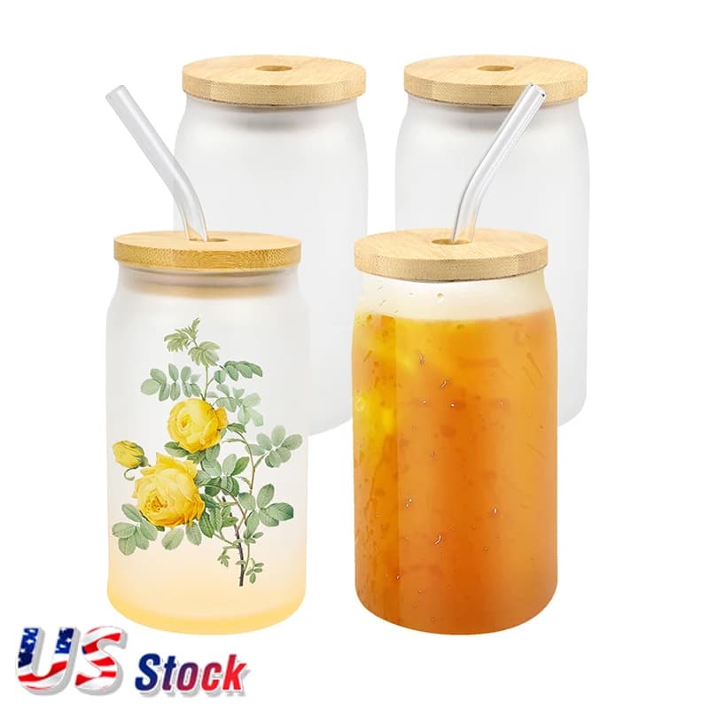 US Stock 48 pezzi 16 once sublimazione tazza di vetro smerigliato spazi vuoti lattina di birra lattina di Coca Cola bicchieri tazze con coperchio Baboo e cannuccia di vetro all'ingrosso