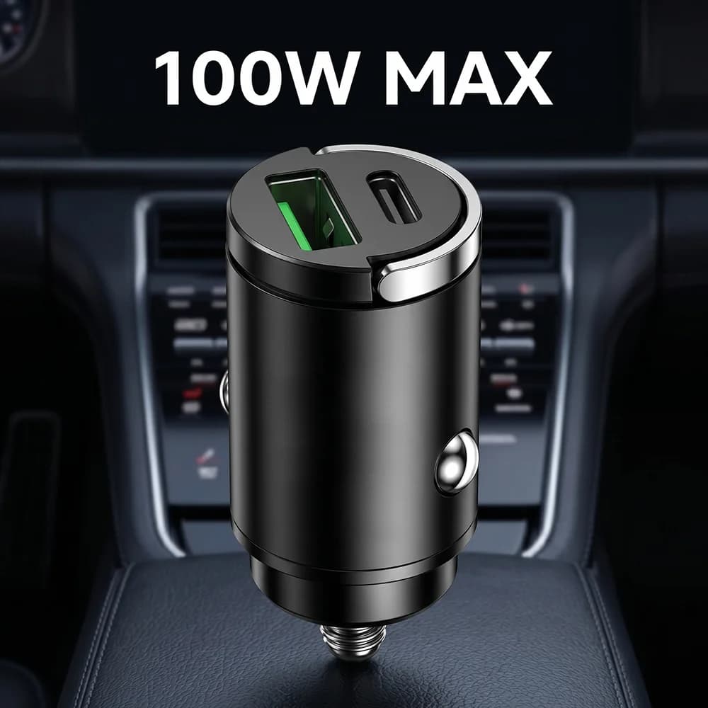 Mini caricabatterie da auto 100W a doppia porta USB C PD e QC con ricarica rapida, adattatore per accendisigari a incasso, compatibile con smartphone e tablet