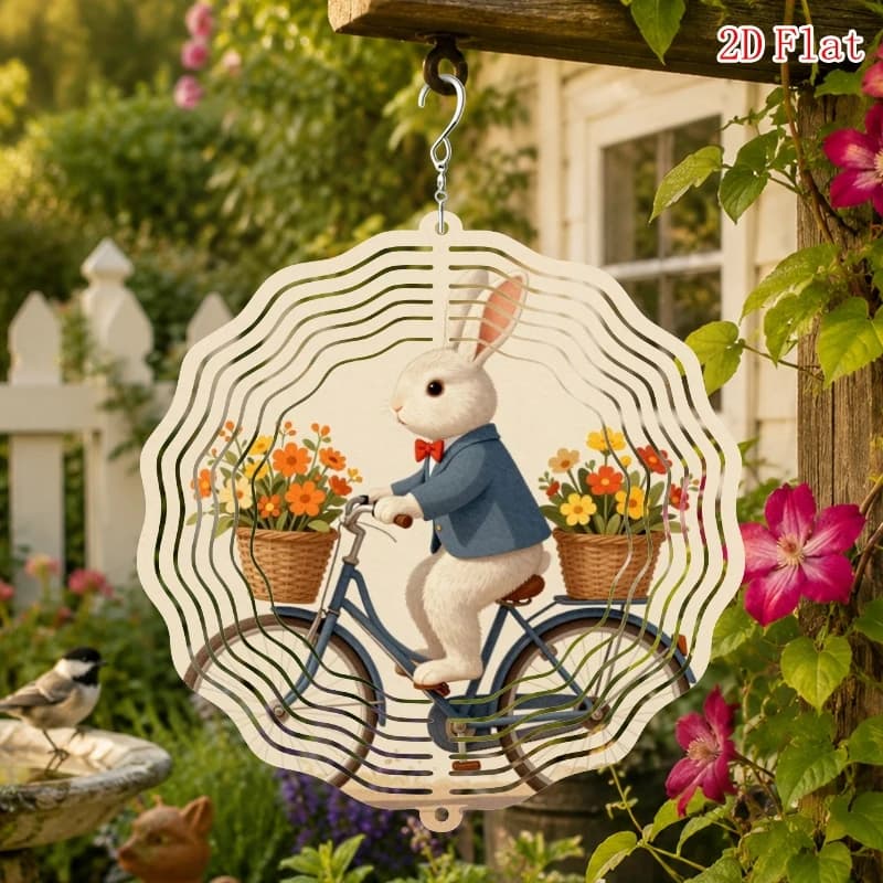 2D Flat- Print, Battery- Free "Rabbit on a Bicycle with Flowers" with Rotating Hook, 360 Creative Wind Chime