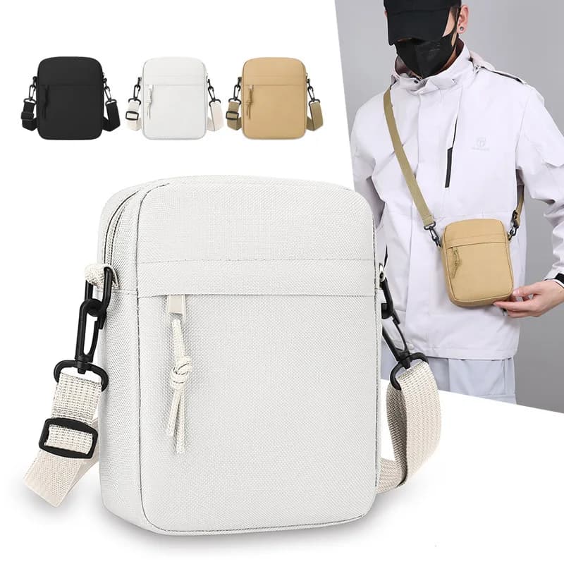 Borsa a tracolla quadrata mini in tela tinta unita, leggera, casual, da uomo.