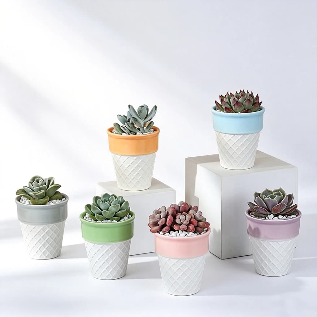 Set of 6pcs Ceramic Planters for Cacti and Succulent Plants Little Ice Cream Porcelain Flowerpots Garden Desktop Planter Pots